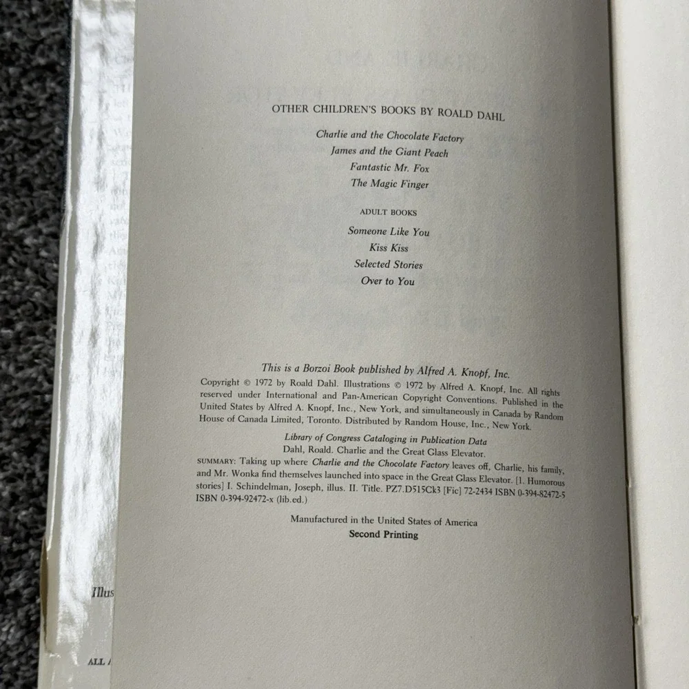 Charlie & the‎ Great Glass Elevator Roald Dahl  1972 Hardcover Book 2nd printing